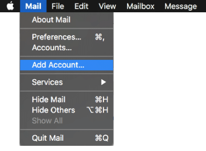 macOS Mail menu open showing the Add Account option highlighted