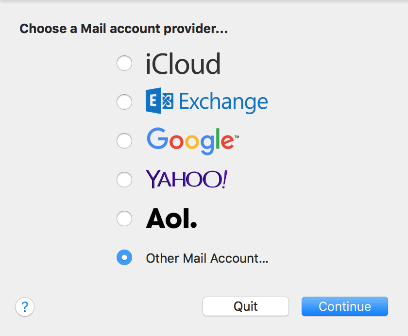 Choose a Mail account provider dialog with Other Mail Account selected