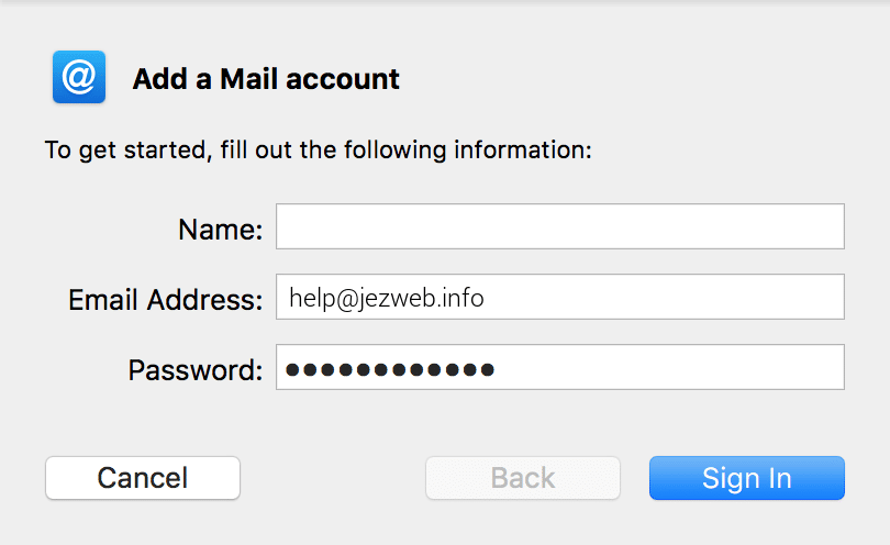 Add a Mail account form with Name, Email Address, and Password fields