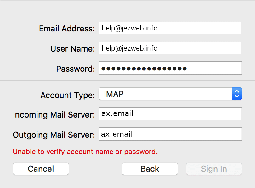 Server settings showing IMAP, ax.email incoming and outgoing servers