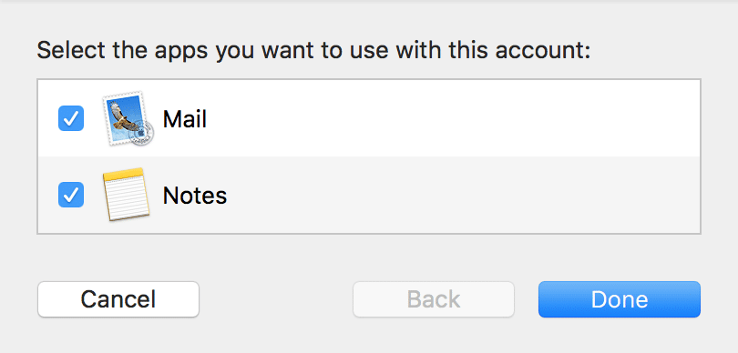 Select the apps you want to use with this account: Mail and Notes options