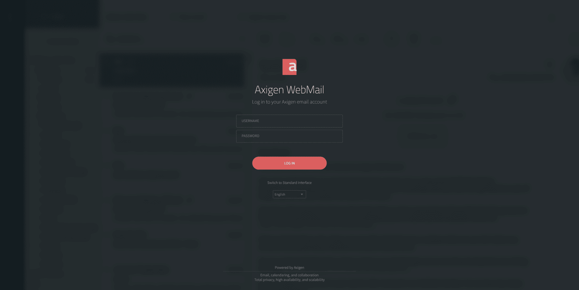 Axigen WebMail login page with username and password fields and a red Log In button